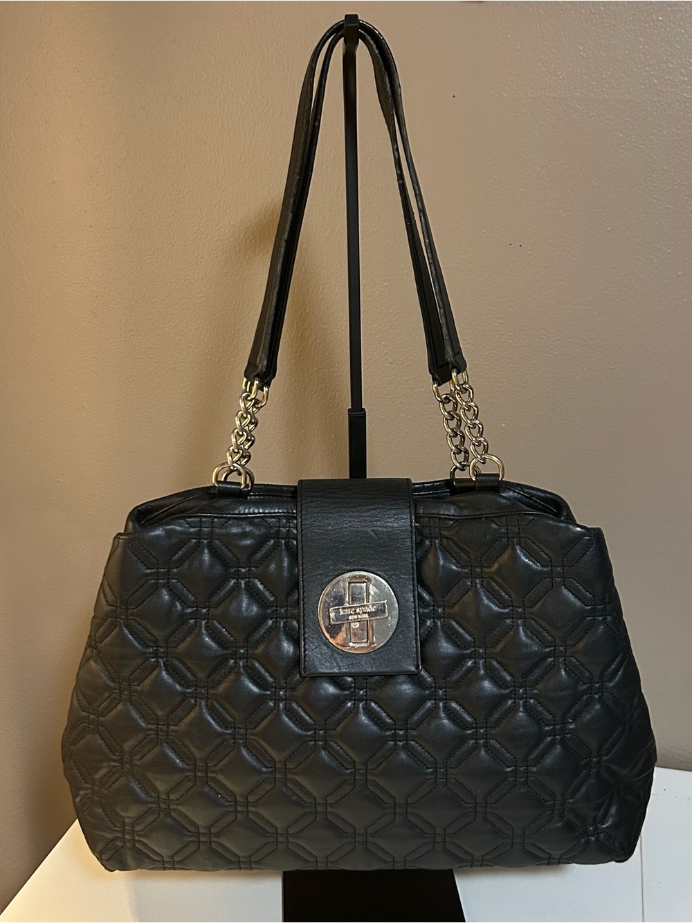 Kate Spade Astor Court Elena Black Quilted Shoulder Bag Turn Lock